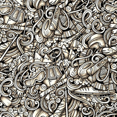 Winter sports hand drawn doodles seamless pattern.
