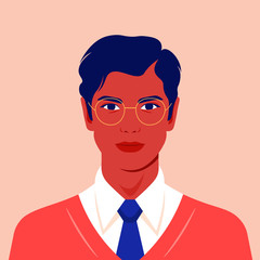 Portrait of a happy man. Avatar of a guy for social network. Colorful portrait. Student of the university. Vector flat illustration