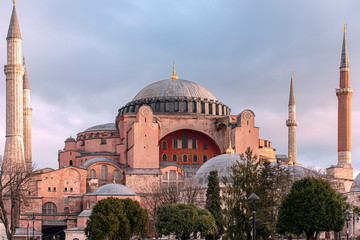 Fototapeta na wymiar Amazing Hagia Sophia or Hagia Sophia Church of the Holy Wisdom in the Morning Time with Sunset in Istanbul, Turkey 