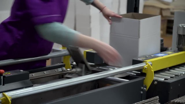 A factory female worker is laying out new blank white boxes and putting them on a conveyor belt