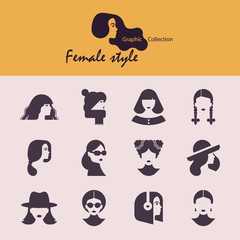 Graphic collection of icons in flat style various female styles.