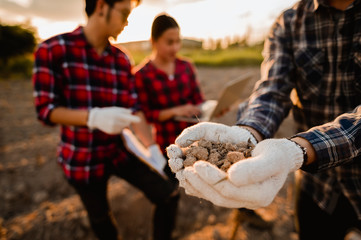 agriculture, gardener, farm, harvest, field, technology concept. A team of farmers conducting...