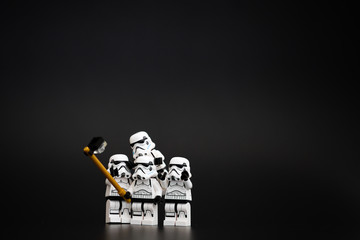 Naklejka premium Orvieto, Italy - November 15th 2015: Star Wars Lego Stormtroopers minifigures take a selfie. Lego is a popular line of construction toys manufactured by the Lego Group