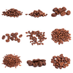 collage of Coffee beans isolated on a white background area for copy space.