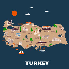 Vector illustrated map of Turkey with different attractions.