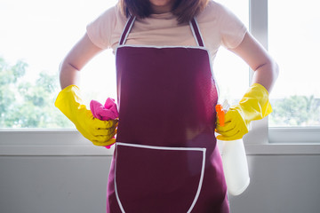 Close up view of body of young woman holding stuff for cleaner ready to cleaning house.