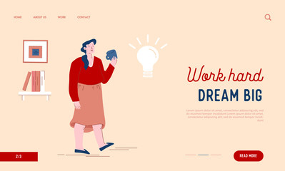 Woman Enjoying Cup of Tea Thinking of Creative Idea Website Landing Page. Female Character Drinking Hot Beverage. Leisure Coffee Break Resting Time Web Page Banner. Cartoon Flat Vector Illustration