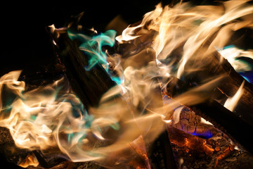 Close-up of fire with colourful flames in a fireplace