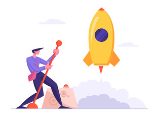 Businessman Launching Business Project Space Ship Startup. Financial Idea Realization and Success. Creative Business Man with Huge Lever Arm Launch Rocket Start Up. Cartoon Flat Vector Illustration