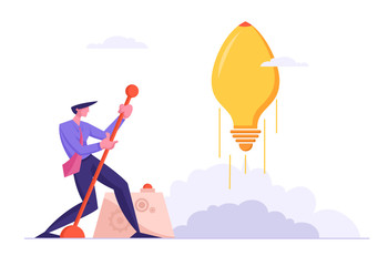 Businessman Launch Huge Light Bulb in Shape of Rocket Moving Lever Arm, Business Project Startup. Financial Idea Strategy Realization Success and Searching Solution. Cartoon Flat Vector Illustration