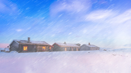 Winter cabin In Storwartz, Roros in a storm. An old mine area in Norway