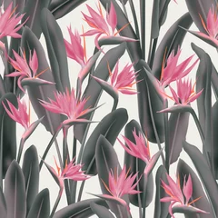 Foto op geborsteld aluminium Tropische bloemen Strelitzia reginae tropische bloemen vector naadloze patroon. Jungle exotische tropische plant stof ontwerp. Zuid-Afrikaanse plant tropische bloesem van kraanbloem, strelitzia. Textielprint met bloemen.