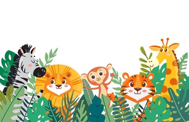 Wild jungle animals in tropical leaves. Leaves border with tiger and lion, zebra and giraffe, monkey. Cartoon vector illustration. Banner