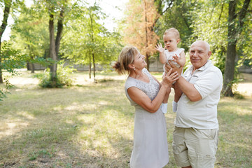 grandparents and baby grandchild walking in nature park, copy space