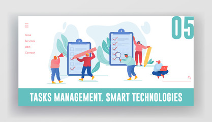 Scheduling Planning Inspiration and Creative Process Website Landing Page. Business People at Huge Clipboard with Checklist Filling Paper Documents Web Page Banner. Cartoon Flat Vector Illustration