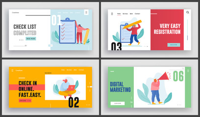 Obraz na płótnie Canvas Checklist Planning Website Landing Page Set. Woman Working on Laptop, Man Shout to Megaphone, People Filling Check List for Business Plan Scheduling Web Page Banner. Cartoon Flat Vector Illustration