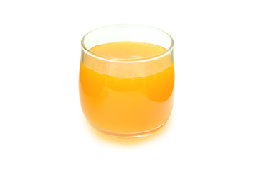 100% of fresh Orange juice in glass on a white background.