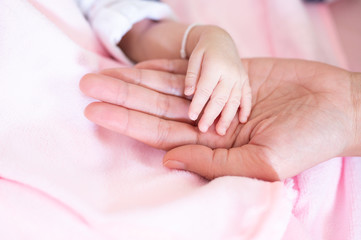 Baby hand on mother hand.Newborn child with pink blanket.Family concept.