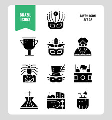 Brazil line icon set 2. Include carnival, mask, football, Brazil landmark and more. Glyph icons Design. vector