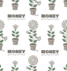 Money vector background. Money trees, dollar bills. Dollars banknotes. Money growing concept. Cash. Transfer. Economic or market growth, investment revenue, benefit. Seamless pattern.