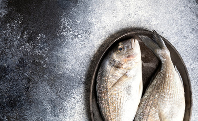 Obraz premium Fresh uncooked Dorado or sea bream fish in the pan