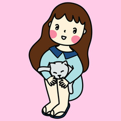 vector of llittle girl in light blue dress is sitting and hug her cat, vector illustration on pink background