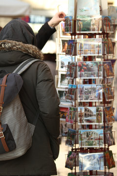 Ghent, Belgium - Oct 6, 2018. Selling postcards in Ghent, Belgium. Ghent (Gent) is a medieval fairy-tale town and Belgium most visited city.