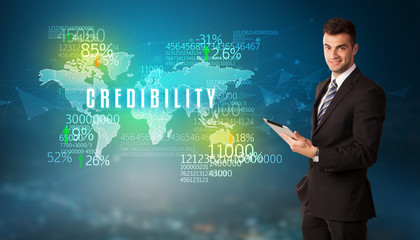 Businessman in front of a decision with CREDIBILITY inscription, business concept