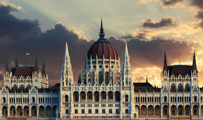 Hungary, Budapest Parliament view from Danube river. Dramatic clouds