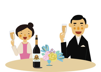 乾杯する男女のイラスト。 フォーマルな場面の男女のイラスト。