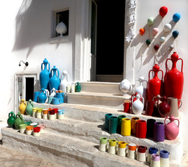 Pottery shop in Locorotondo town, Italy, region of Apulia, Adriatic Sea - colorful pots and...