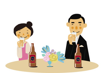 乾杯する男女のイラスト。 フォーマルな場面の男女のイラスト。