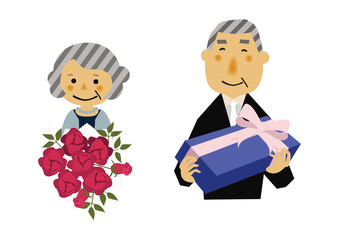 贈り物をする男女のイラスト。 プレゼントを持つシニアのイラスト。