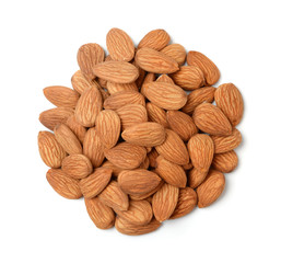 Heap of Almond nuts isolated on white background.