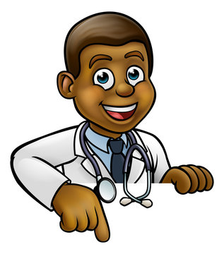 A cartoon doctor wearing lab white coat with stethoscope peeking above sign and pointing at it