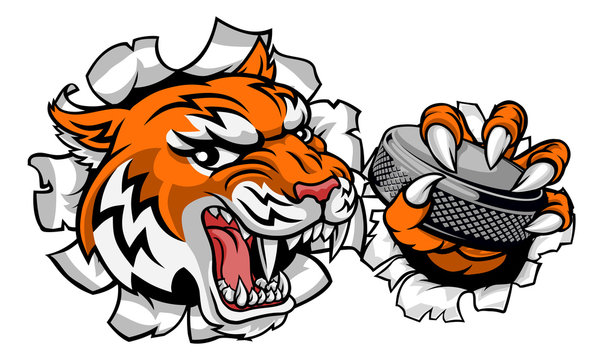 A tiger ice hockey player animal sports mascot holding a puck