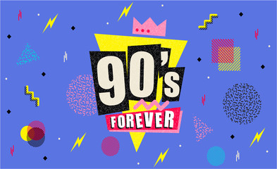 90s and 80s poster. Retro style textures and alphabet mix. Aesthetic fashion background and eighties graphic. Pop and rock music party event template. Vintage vector poster, banner. - obrazy, fototapety, plakaty