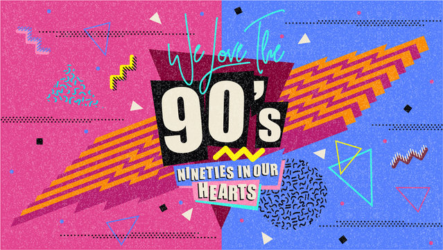 90s and 80s poster. Retro style textures and alphabet mix. Aesthetic fashion background and eighties graphic. Pop and rock music party event template. Vintage vector poster, banner.