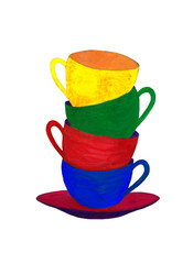 Colorful tea cups isolated on white background. Gouache technique. Hand drawn illustration.