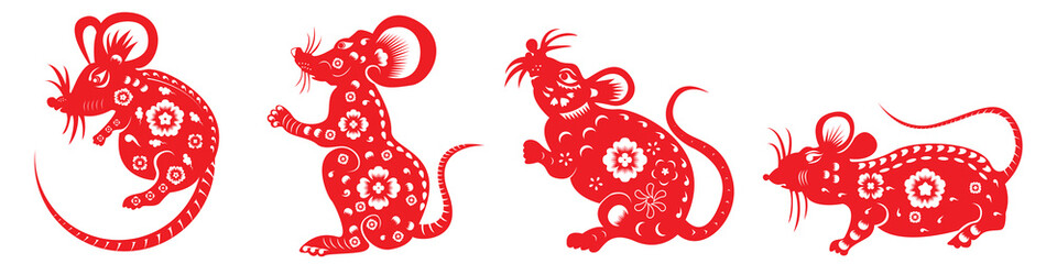 Chinese new year 2020 year of the rat red paper cut rat character, flower and asian elements with craft style on white background.