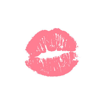 Vector illustration of womans girl pink lipstick kiss mark isolated on white background. Valentines day icon, sign, symbol, clip art for design.