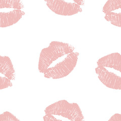 Seamless pattern pink lips kisses prints. Valentines day background