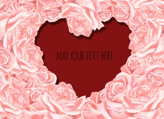  Greeting card for Valentine's Day with roses, colour pencils, can be used as invitation card for wedding, birthday and summer background. Hand drawn illustration with heart.