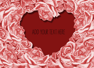  Greeting card for Valentine's Day with roses, colour pencils, can be used as invitation card for wedding, birthday and summer background. Hand drawn illustration with heart.