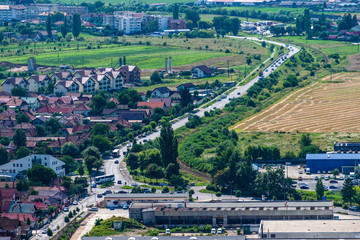 Fototapeta na wymiar Aerial photo of a crowded street in Rasnov, Brasov country, Transylvania, Romania.