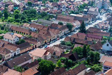 Fototapeta na wymiar Aerial photo of a crowded street in Rasnov, Brasov country, Transylvania, Romania.