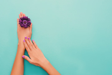 Stylish coral purple nails on turquoise background.