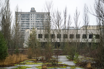 Fototapeta na wymiar Abandoned ghost town Prypiat. Overgrown trees and collapsing buildings in Chornobyl exclusion zone. December 2019