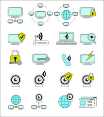 A set of linear icons of computer science, internet, technology and computers with symbols of security, connectivity, etc.