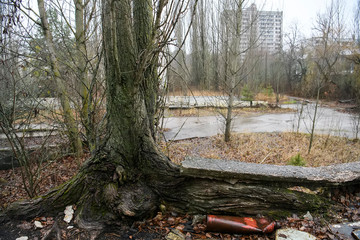 Abandoned ghost town Prypiat. Overgrown trees and collapsing buildings in Chornobyl exclusion zone. December 2019